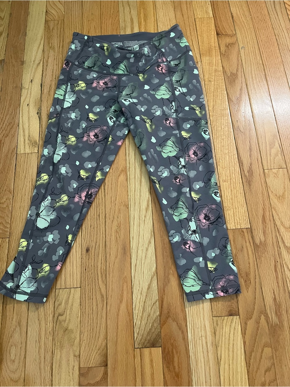 Victoria's Secret Gray Floral Capri Leggings with Mint, Pink & Yellow Accents